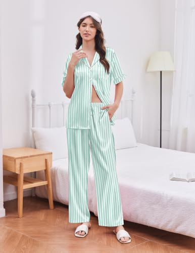 Image of Ekouaer Silk Satin Pajamas for Women Set 2 Piece Short Sleeve Button Up Pjs | Two Side Pockets,Soft Bridesmaid Lounge Set,Bridal Ruffle Sleepwear,Wedding Party,Honeymoon Vacation,Postpartum