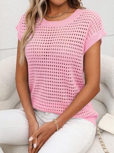 Image of Womens Crochet Cap Sleeve Sweater Summer Crew Neck Casual Hollow Out Knit Tops Pullover Trendy Beach Cover Ups Outfits