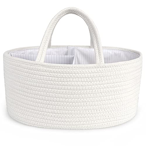 Image of Maliton Baby Diaper Caddy Organizer, Rope Nursery Storage Organizer for Boys and Girls, Diaper Organizer for Changing Table, Portable Diaper Basket for Baby Shower, Baby Registry Must Haves - White