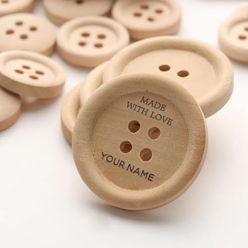 Custom Wooden Buttons - Personalized ‘Made with Love’ Button with Your Name, 2.5cm, Perfect for Crafting, Sewing, and DIY Projects 10 pcs