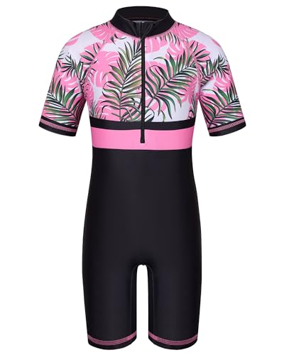 Image of TFJH E 1PCS Girls Short Sleeve Swimsuits UV 50+ Bathing Suits Sunsuits Zipper 2-14Y