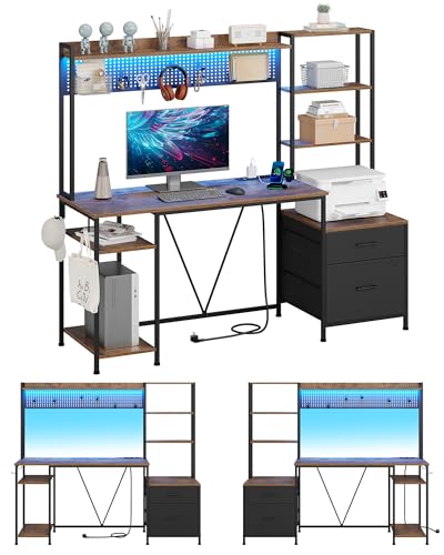 KIMENICH Scrivania PC, Scrivania con Bacheca Fai da te, Scrivania Gaming con LED e Presa, 2 cassetti, 8 Ganci, Ripiani Regolabili, Tavolo da Ufficio, casa, ufficio, 160 cm, Marrone