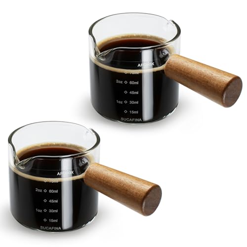 2 Pack Espresso Cups with Wood Handle, 75ML Double Spout Glass Measuring Cup with Dual Scale, Espresso Shot with V-Shaped Mouth, Clear Glass Espresso Accessories, Milk Frothing Pitcher