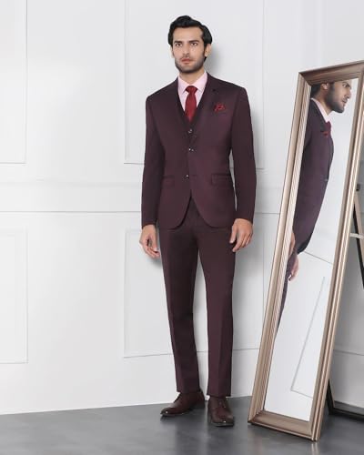 Image of Blackberrys Men Polyester Solid Slim Burgundy Peak Suit