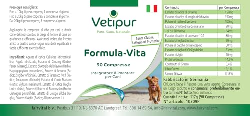 Vetipur Vita-Formel - 90 Tabletten - Rundumversorgung mit Ginseng, Teufelskralle, Ingwer, Mariendistel, Löwenzahn, Brennnessel, Weissdorn und Gingko Biloba - Futterergänzung für Hunde