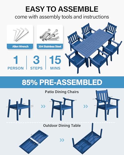 Image of YEFU HIPS Patio Table Set: 7 Piece Outdoor Table and Chairs Dining Furniture Set with Umbrella Hole - Blue Modern Plastic Dining Sets 6 Person for Outside Deck with Metal Aluminum Frame