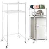Tandefio 2 Tier Mini Fridge Stand with Storage for Dorm Microwave Stand Over Mini Fridge Storage Shelf with Wheels Adjustable Height Organizer for Kitchen College Rooms Pantry(White)