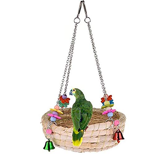 Image of Bird Nest Swing Bed Toy with Bell Woven Straw for Parrot Parakeet Cockatiel African Grey Cockatoo Conure Budgie Canary Lovebird Finch Cage Accessories