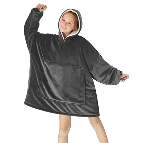 Yescool Wearable Blanket Sweatshirt Kids, Oversized Blanket Hoodie With Sherpa For Kids, Youth, Boys, Girls, Portable Warm Travel, Teen Wearable Blankets, One Size, Grey #TOP6