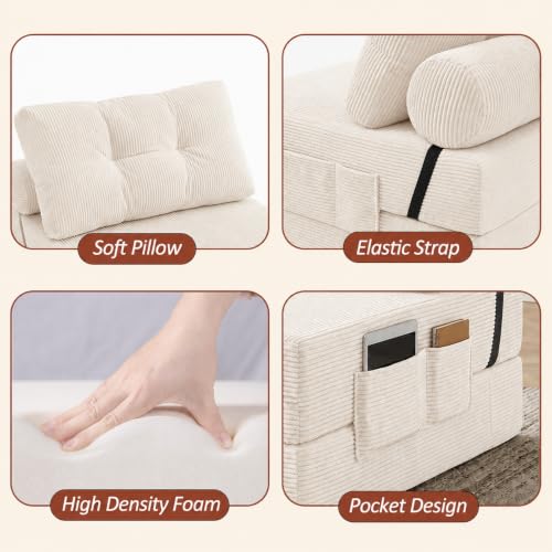 Image of Floor Sofa Bed, Convertible 2-in-1 Corduroy Couch with High-Density Sponge, Foldable Stackable Seat for Living Room Bedroom Dorm Game Room, No Assembly Required (White)