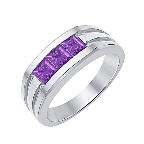 RUDRAFASHION Brilliant Princess Cut Three Stone Amethyst 14K White Gold Over Sterling Silver Engagement Wedding Band Ring for Men's