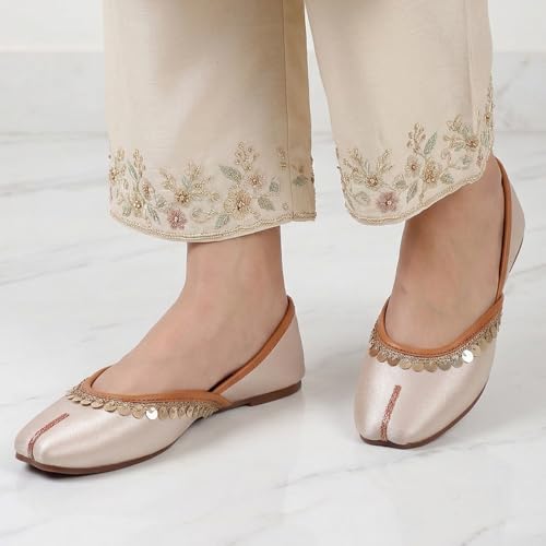 Image of Pluxh Women's Ethnic Jutti Shoes | Shiny Finish Mojari with Sequin Border | Soft Cushioned Slip-On Flats for Casual