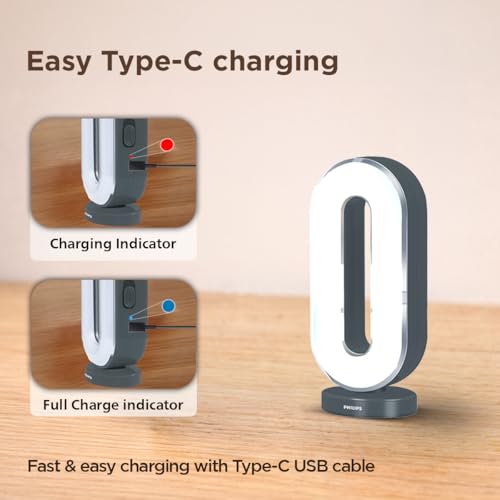 Image of PHILIPS 6W Rover Mini Rechargeable LED Emergency Light | 450 Lumens | 1500mAh Battery | Type-C Fast Charging | 2 Brightness Modes | Up to 1.5H Backup | Compact & Portable Design | Grey, Pack of 1