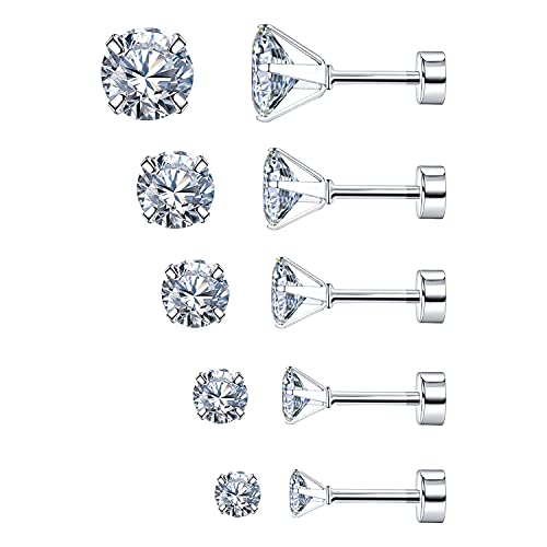 5 Pairs Stud Earrings Set 3/4/5/6/7mm Hypoallergenic 316L Stainless Steel Stud Earrings 4 Prongs Piercing Barbell CZ Stud Ear for Women