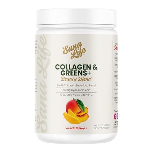 Sana Life Collagen & Greens Powder, Multi-Collagen Supplement with Hyaluronic Acid for Skin, Hair, Nail & Gut Health - 30 Servings (Peach Mango)