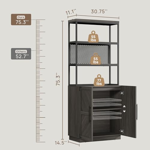 SICOTAS Tall Bookshelf with Storage Cabinet - Modern Book Shelf with Doors and Shelves, 5 Tier Bookcase with Metal Frame Industrial Large Book Case for Home Office, Living Room, 75 Inch, Ash Ash Gray - Image 4