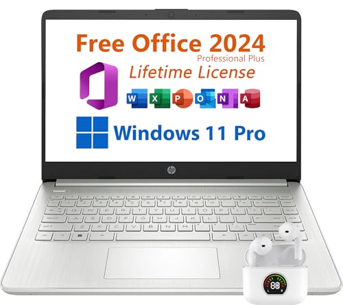 HP 14' Laptop, Free Microsoft Office 2024, Intel 4-Core Processor 2.6 GHz, 11 Hours Battery Life, 8GB RAM, 128GB eMMC Storage + 128GB Micro SD Card, USB-C, Windows 11 Pro, Toree Wireless Earbuds