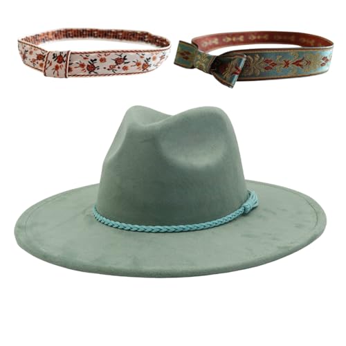 HYYSXBW Big Wide Brim Fedora Hats for Women Men Western Suede Hats Large Felt Panama Hat Rancher Hat Light Green