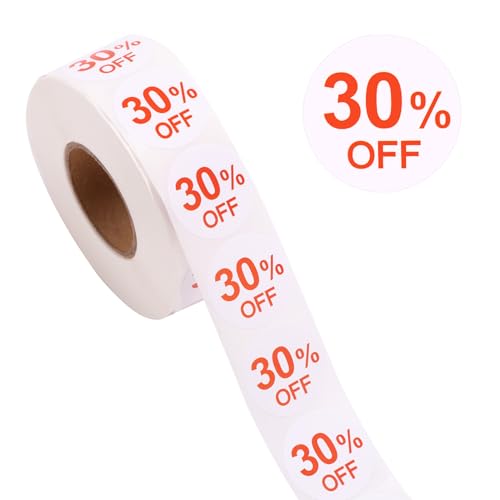 Tinoaly 1000 Adesivi con il 30% di Sconto, Cartelli con Percentuale Sconto da 25 mm Adesivi Rotondi Autoadesivi per Promozioni di Vendita al Dettaglio e Sconti