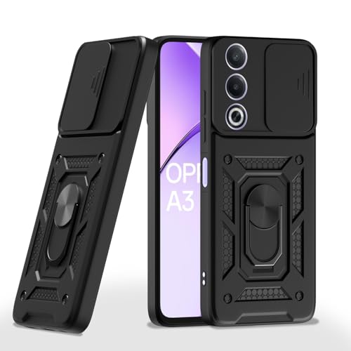 Image of Pikkme Back Cover for Oppo A3 Pro 5G | 360 Protection Case | Sliding Camera Shield Cover & Ring Holder Stand D10 Tough Armor Bumper Case (Black)