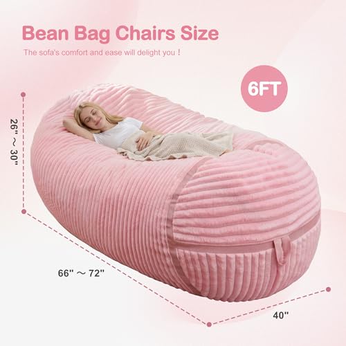 Image of 6FT Bean Bag Chair 6'Giant Bean Bag Chairs with Adults, Large Beanbag Chair | Bean bag Lounger with Machine Washable Cover Corded Plush Fabric, Comfy Chairs for Living Room Bedroom Dorm, Pink
