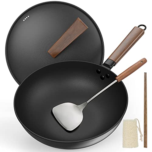 Bielmeier 13" Wok Pan, Woks and Stir Fry Pans with Lid, Wok with Spatula, Chopsticks and Loofah Root, Flat Bottom Carbon Steel Wok Suits for All Stoves… Bielmeier 13" Wok Pan, Woks and Stir Fry Pans with Lid, Wok with Spatula, Chopsticks and Loofah Root, Flat Bottom Carbon Steel Wok Suits for All Stoves…
