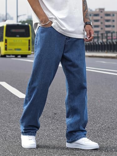 Image of THIRD QUADRANT Men's Relaxed Fit Non-Stretch Blue Denim Jeans | Classic Straight Leg | Everyday Jeans