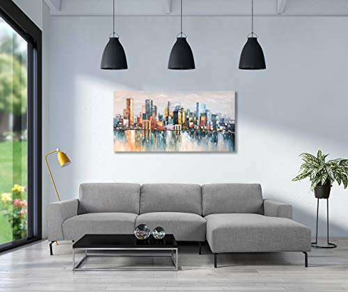 Bouvy Art,24X48Inch 100% Hand Painted City Skyline Framed Oil Paintings On Canvas Abstract Urban Landscape Artwork Modern Cityscape Wall Art Oil Hand Painting For Dinning Room Office #TOP3