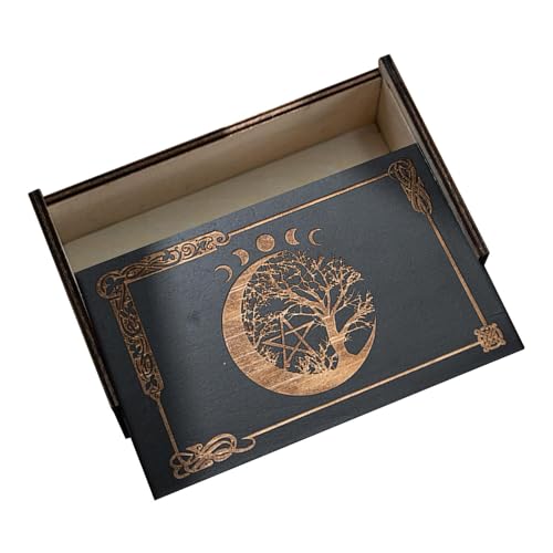 Kustimantu Maletín de almacenamiento para tarjetas de tarot, caja de almacenamiento de tarot PUSH - Portatarjetas de gran capacidad - Soporte de dados decorativo de madera, decoración de bruja para