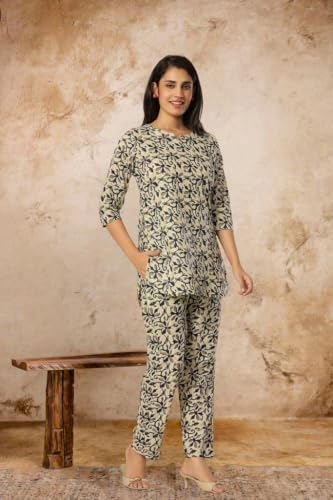 Image of Women's Pure Cotton Printed Night Suit,Top and Relaxed Pajama Set, Stylish Sleepwear, Casual Wear