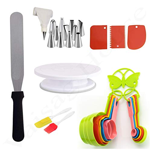 Vaisag house Cake Baking and Making Tools Combo for Cake Decoration Cake Turn Table, Scrapper, Nozzle, 10 Piece Multicolor Measuring Cup, Spatula Brush, 12 inch Straight Knife