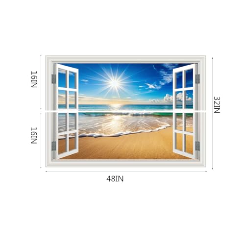 Fake Window Wall Decals Beach Ocean Sea Faux Window Wall Sticker Art Picture Poster Coastal Room Decor, Stick and Peel Landscape Natural Scenery Sunrise Seascape Scene Mural（48"x32"） by ATSHXYDY - Used condition - Image 2