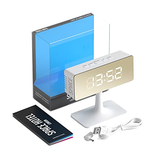 Space Hotel® Cinemascape Digital Alarm Clock With Led Display, 12/24Hr, Room Temperature, Night Mode, Brightness Dimmer, Mirror Surface, Usb Powered & Battery Backup (White/Gold) #TOP1
