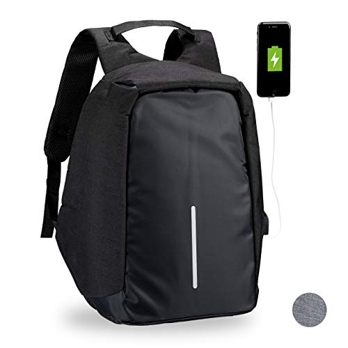 Preisvergleich Produktbild Relaxdays Anti Diebstahl Rucksack, wasserabweisender Sicherheitsrucksack, mit USB-Kabel, Laptop, Damen & Herren, schwarz