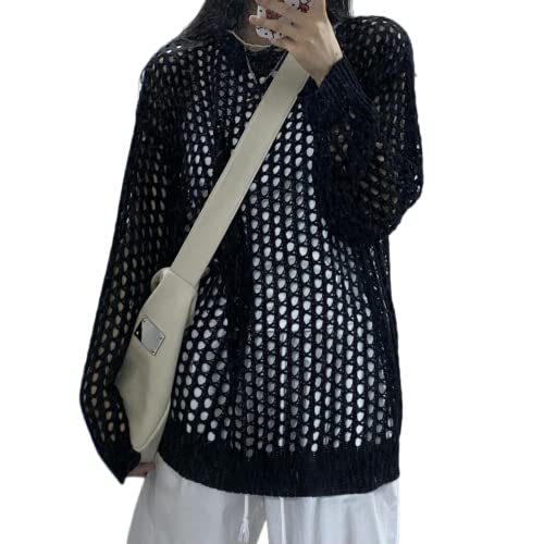 Image of Women Y2K Crochet Knit Hollow Out Blouse Top Sweater Fishnet Long Sleeve Oversized Pullovers T Shirt