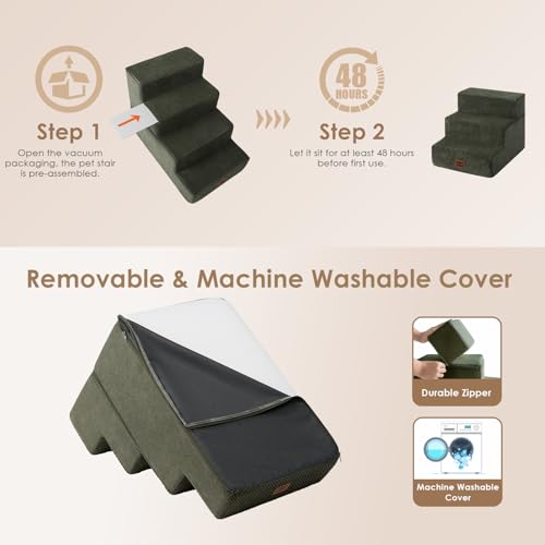 Image of EHEYCIGA Dog Stairs for Small Dogs 13.5 inch H, 3-Step Dog Steps for Couch Sofa and Chair, Pet Steps for Medium Cats, Non-Slip Balanced Pet Ramp Indoor, Military Green