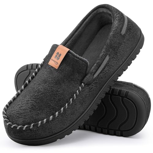 HomeTop Mens Microsuede Moccasin Slippers with Memory Foam and Coral Fleece Lining (11 US Abyssal Black)