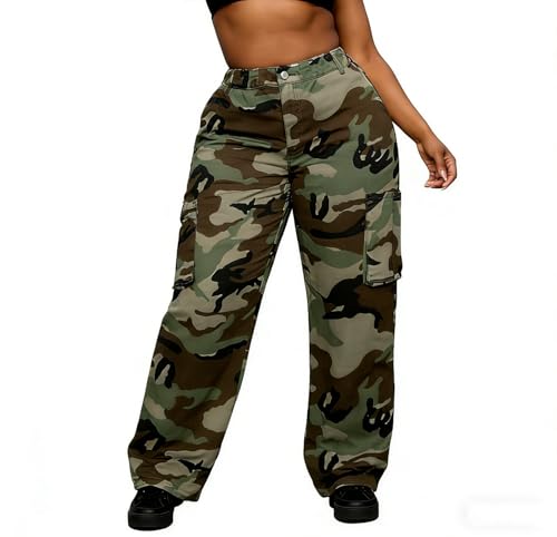 Womens Plus Size Cargo Camo Pants Camouflage High Waisted Straight Jogger Sweatpants Baggy Stretchy Jeans with 6 Pockets (US Alpha 3X Big Regular Camo)