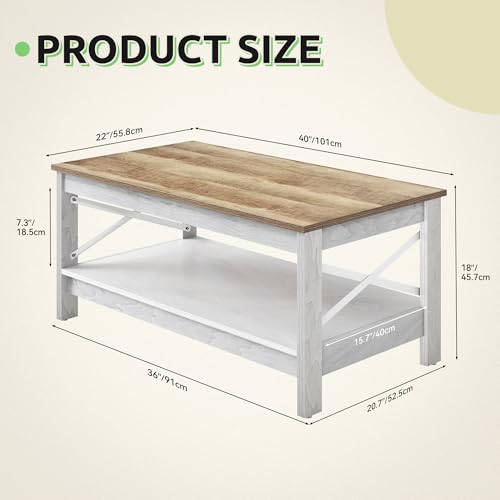 GOOBED Modern Coffee Tables for Living Room with Storage, Farmhouse 2-Tier Rectangular Coffee Table, 39.4" Coffee Table with Ample Storage Ideal for Living Room Home Office, Gray Wash