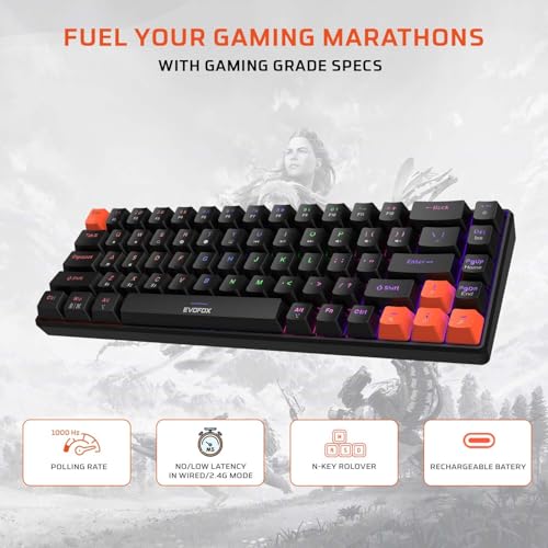 Image of EvoFox Katana S Mini Mechanical Keyboards Wireless | Tri-Mode (3X BT, 2.4GHz & Wired) Connectivity | Hot-Swappable Red Switches | 68-Key Compact | Rainbow Backlight | Rechargeable Battery