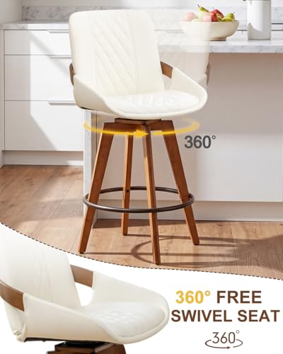 Image of AQG Counter Height Bar Stools Set of 6, Mid Century Modern Bar Chairs Swivel with Back, Faux Leather Upholstered Barstools Walnut Wood Frame for Kitchen Island (White, 26 Inch - 6 PCS)