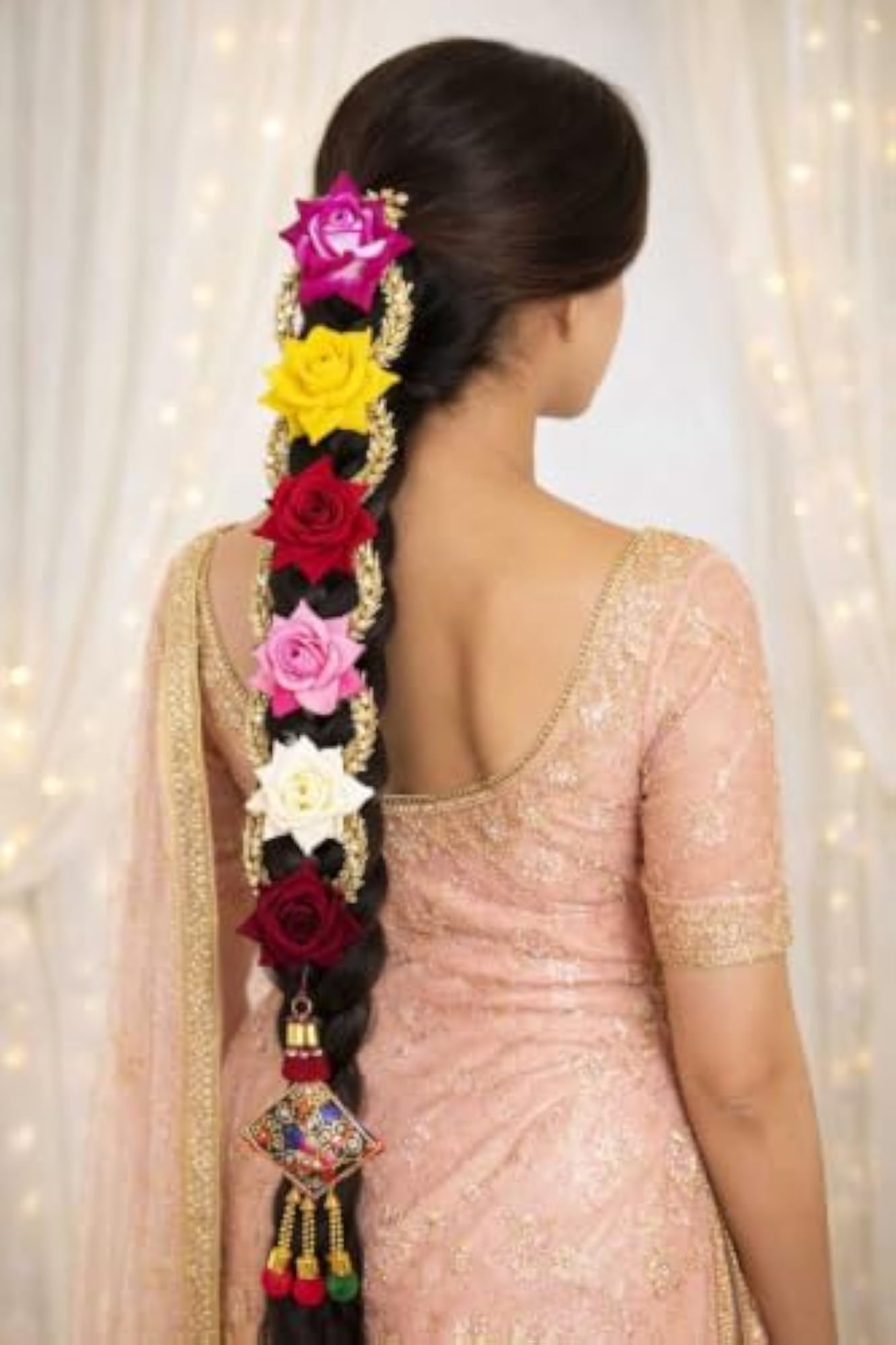 Floral Multi Rose Hair Paranda Braid Accessory with Tassels