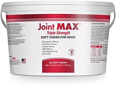 PHS Joint MAX Triple Strength (TS) Soft Chews for Dogs - Glucosamine, Chondroitin, MSM - Vitamins, Minerals, Antioxidants- Hip and Joint Pain Relief and Support for Dogs - Made in USA - 240 Soft Chews