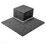 Plastic Interlocking Deck Tiles, 44 Pack, 12' x 12' Waterproof Outdoor Flooring All Weather Use, Simulated Stone Surface, Non-Slip Patio Floor for Porch Poolside Backyard Balcony, Dark Gray