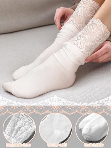 Image of Fourluoo 4 Pairs Women's Lace Socks Calf Stocking with Lace Trim Long Knee High Stockings Lolita Boot Socks