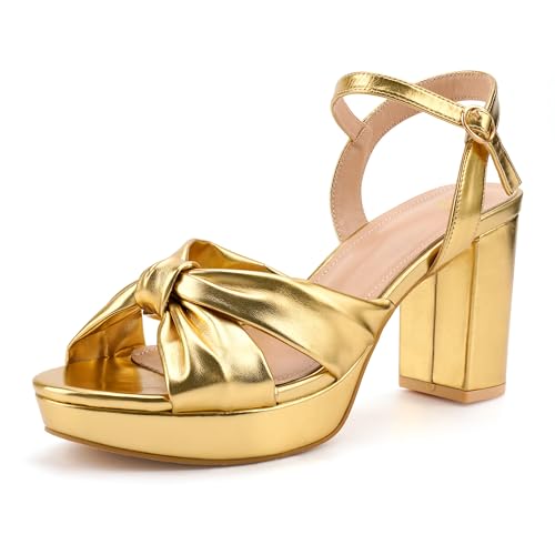 Viloporlor Women's Chunky Platform Heels with Adjustable Ankle Strap - Open Toe Bowknot Block Heel Strappy Sandals, Wedding Party Dressy Shoes Summer Sandals Gold Size 11