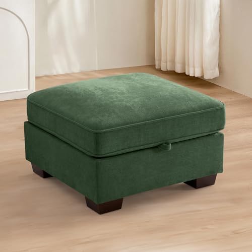 Image of TEKAMON 27.5 inch Storage Ottoman, Square Footrest with Sponge Padded Seat, Chenille Fabric Step Stool for Sofa, Bedroom, Living Room, Entryway, Modern Change Shoes Stool, Wood Legs, (Green)