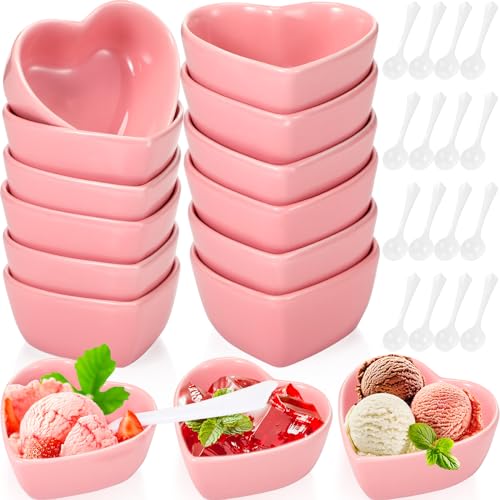 Suclain 12 cuencos de cerámica en forma de corazón para el día de San Valentín con 20 cucharas de plástico, cuenco de pudín, apto para microondas, apto para horno, cuencos para pasteles, ramequines,