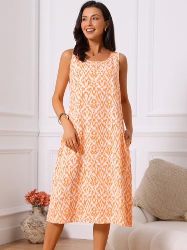 Image of Seta T Women's Summer Dresses Beach Casual Sleeveless Sundress Crewneck Print Loose Midi Tank Dress with Pockets