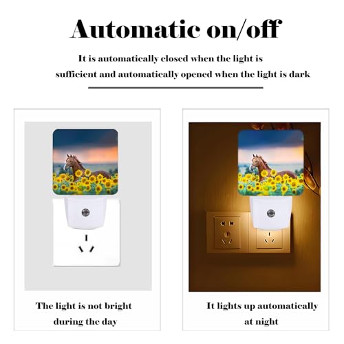Image of Sunflower Farm Animal Horses Night Light,Plug Into Wall with Dusk to Dawn Light Sensors, Warm Nightlights for Bedroom, Bathroom, Hallway, Kitchen, Gifts Ideal for Boys Girls Women Men
